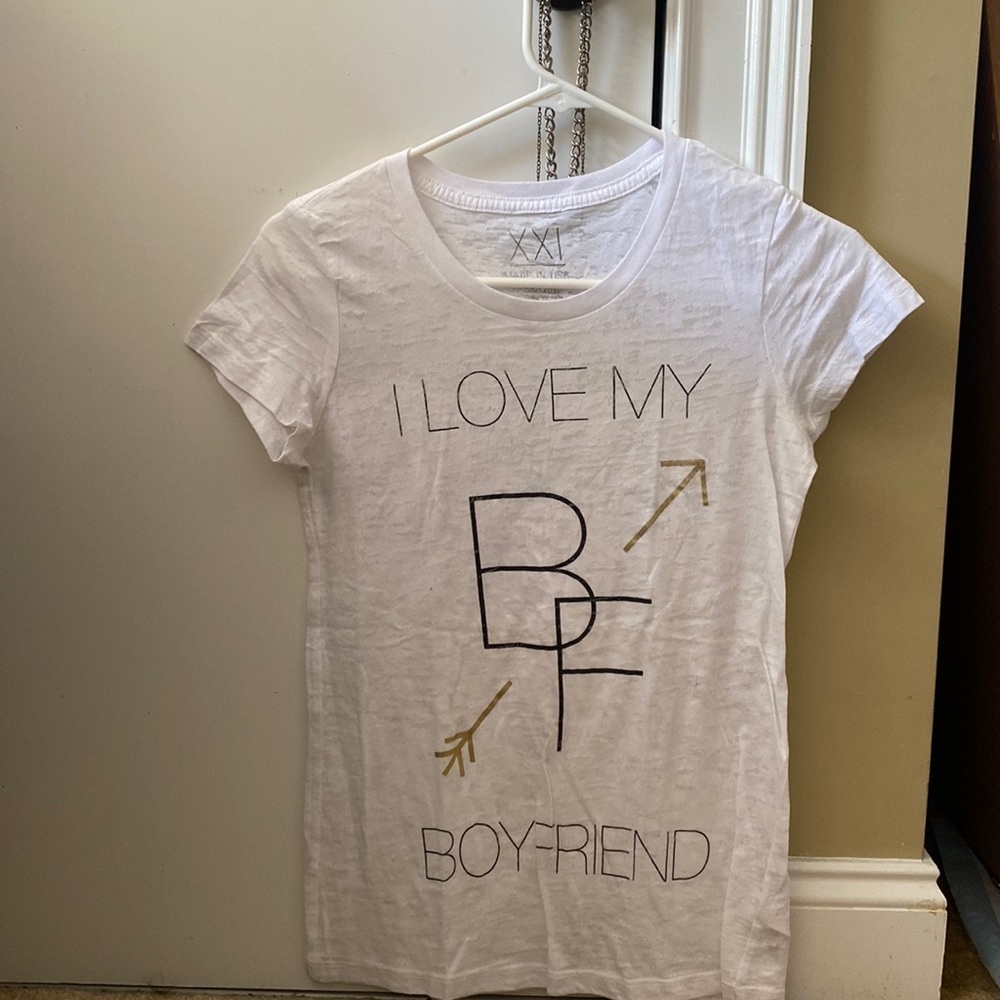 White t-shirt with image on front